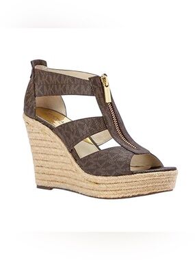Michael Kors Damita Brown Logo Espadrille Wedge Sandal with Gold Zipper
